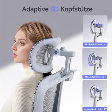 Ергономічне крісло для офісу з підніжкою та подушкою для шиї, 5-рівнева регульована спинка, 2D підтримка попереку, 3D підлокітники/підголівник, функція нахилу 145°, сітчасте сидіння, гумові колеса (Сірий, Lite)