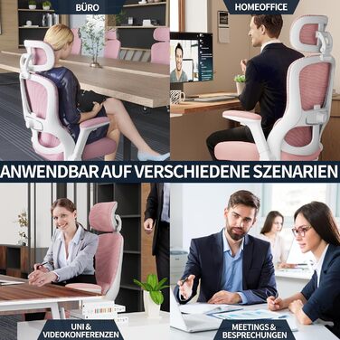 Ергономічне крісло TRALT для офісу та дому: ігрове крісло з регульованою підголівником та поперековою підтримкою, mesh-крісло, 150 кг, рожеве