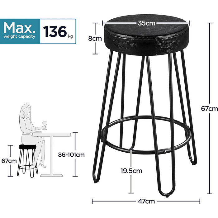Барний стілець Yaheetech 2X, металевий каркас, оксамитове сидіння, висота 67 см, навантаження 136 кг, чорний