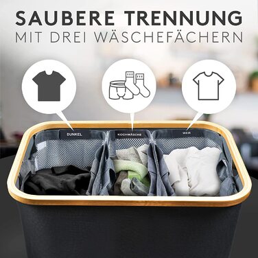 Кошик для білизни з кришкою 145L, водовідштовхуючий, 3 відділення, знімні мішки для білизни, складна коробка для білизни з інструкціями по пранню