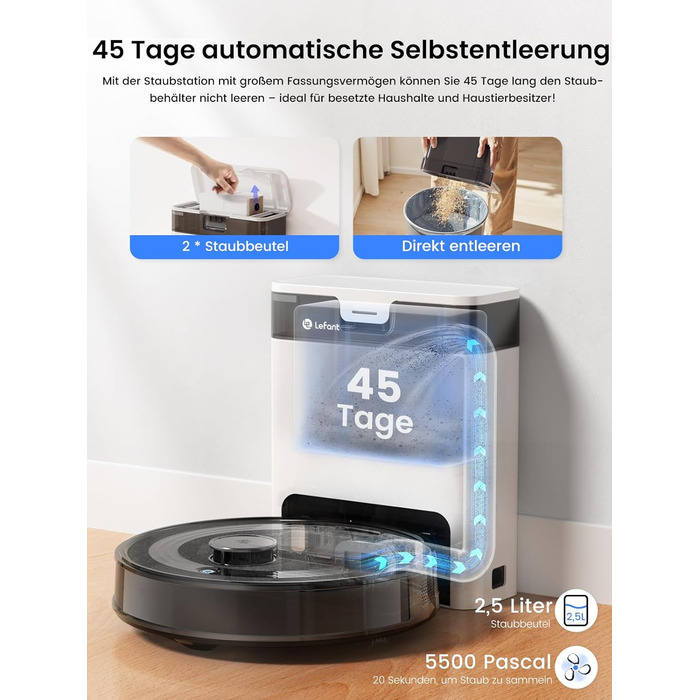 Робот-пилосос LEFANT M2 Pro з вологою тканиною, 5000Pa, лазерна навігація, LiDAR dToF, 150 хв, розпізнавання килимів, керування через додаток/голос, для видалення шерсті тварин, чорний