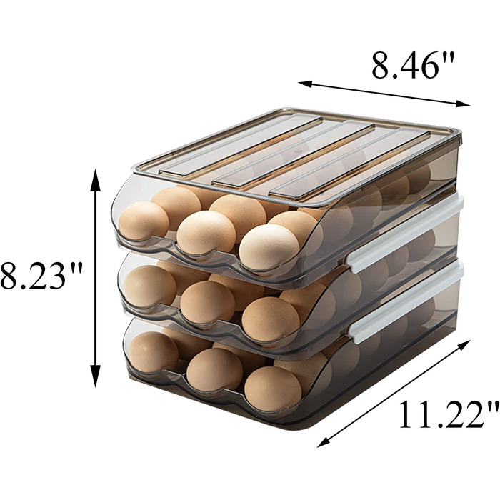 Контейнер для яєць для холодильника Автоматичний тримач для яєць в рулонах для холодильника, ящик для зберігання яєць з кришкою, піднос для зберігання курячих яєць для домашніх господарств (3 шари)