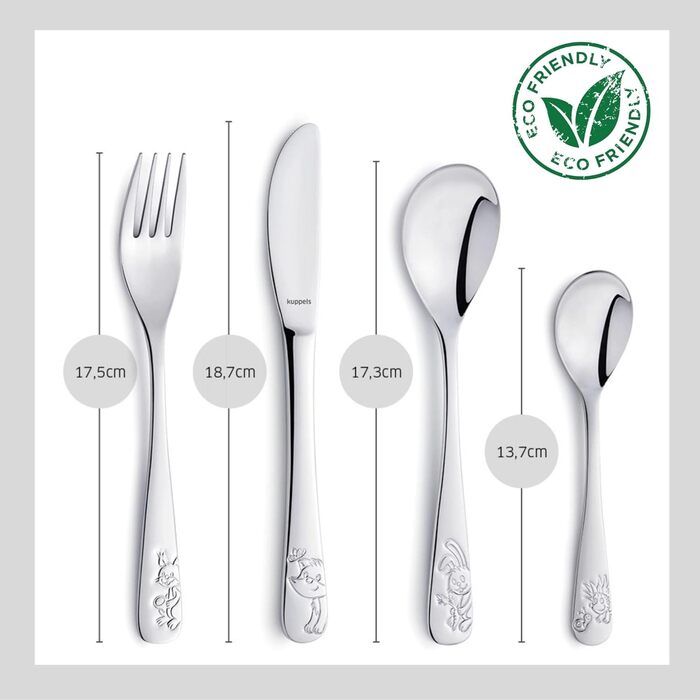 Дитячий столовий прилад Kuppels з гравіюванням імені – набір столових приладів для дітей від 3 років, 4-частинний, нержавіюча сталь, придатний для миття в посудомийній машині – персоналізований хрещення для дівчаток та хлопчиків, друзі лісу