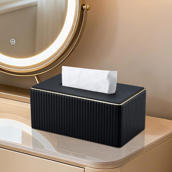 KINGFOM Склянка для серветок з золотим оздобленням, шкіра PU, чорна, прямокутна | Склянка для серветок у вітальню, ванну кімнату, офіс