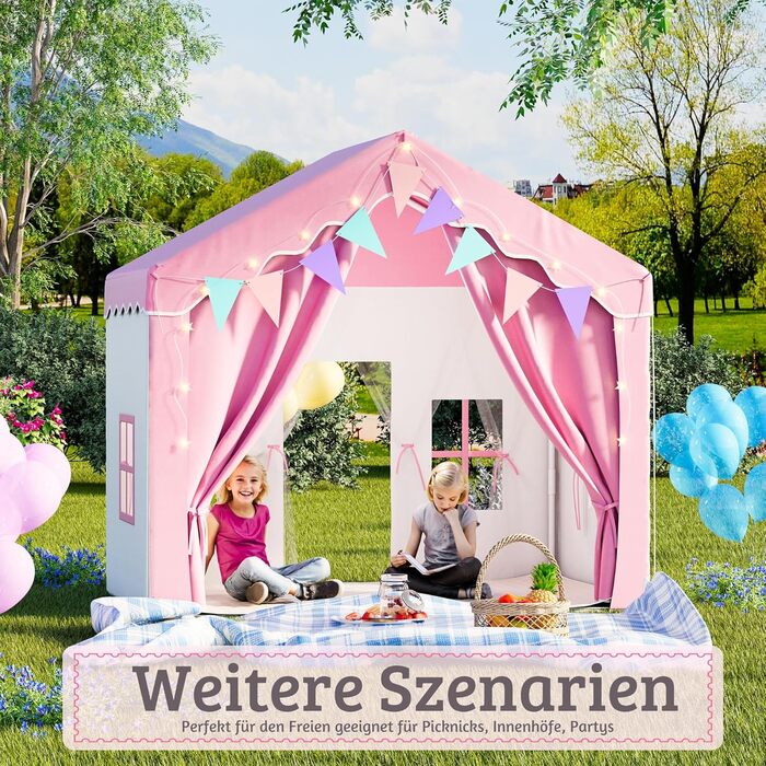 Дитяче намет-ігровий будиночок EROMMY 2-в-1 з килимком, прапорцями та світлодіодними смугами, з двома дверцятами, з даховим віконцем, для дому, 3+ роки (Рожевий)