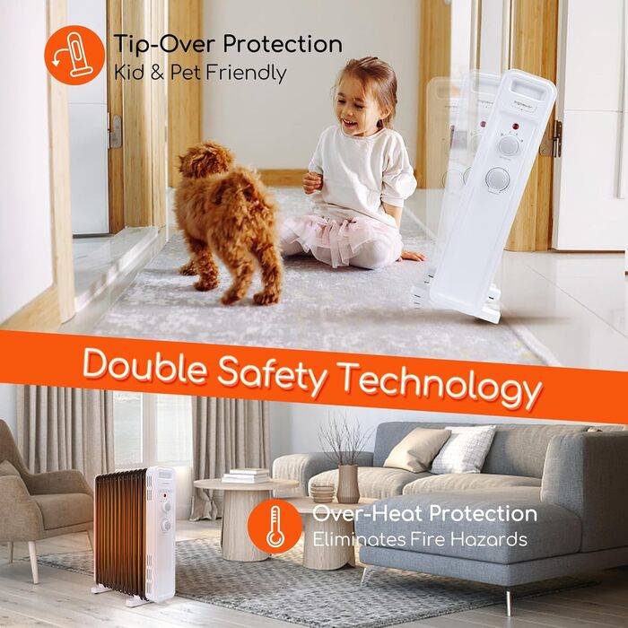 Електричний масляний радіатор Aigostar 2500W з термостатом, 13 ребер, 30м², 3 режими, захист від перекидання та перегріву, мобільний нагрівач, 2 шт.