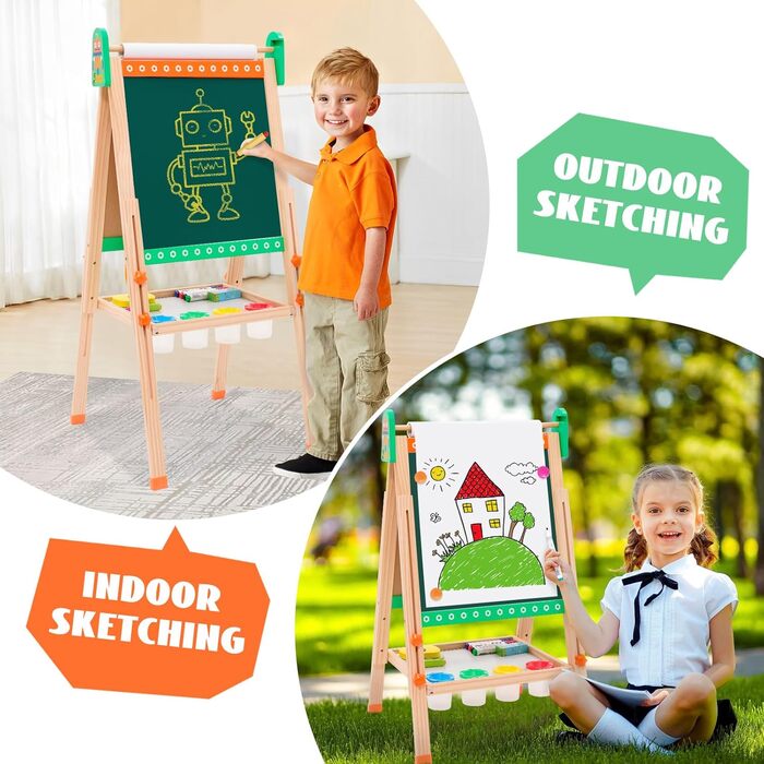 Дерев'яна мольберт Kinder Tafel з паперовою рулонкою, регульована висота, зелений колір