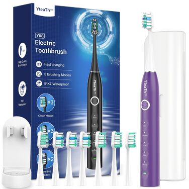 Електрична зубна щітка зі звуковими вібраціями, 8 насадок (3 типи), таймер, 120 днів роботи від акумулятора, 5 режимів чищення, чохол для подорожей, зарядний пристрій, що кріпиться до стіни (фіолетовий)