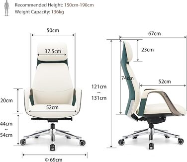Ергономічне крісло EUREKA для офісу та дому: шкіряне, регульоване, для роботи, бізнес-крісло, дихаюче, комфортне, для керівника, білий колір