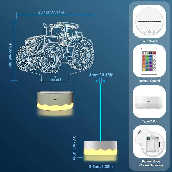 Нічний трактор Attivolife 3D, 16 кольорів, з можливістю затемнення, USB, декоративний подарунок для дітей/хлопчиків