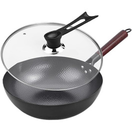 LIYGAOF Вок з кришкою 32 см з чавуну: Вок для всіх типів плит, кована чавунна сковорода, без хімічного покриття, легко миється