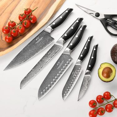 Набір кухонних ножів з дамаської сталі з дерев'яним блоком (7 предметів) - професійний набір ножів для кухні, VG10, G10, ергономічні ручки (червоний)