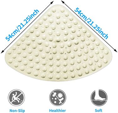 Кутовий килимок для душу DINGC нековзний килимок для душу з ПВХ, чверть кола Килимки для ванної з присоскою і зливними отворами, великий килимок для душа 54x54 см для душа трикутна ванна кімната або ванна масаж (бежевий)
