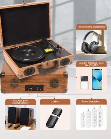 Вініловий програвач з Bluetooth, цифровим енкодером, вбудованими стереодинаміками, 3 швидкості (33/45/78 об/хв), AUX-вхід/вихід, натуральне дерево