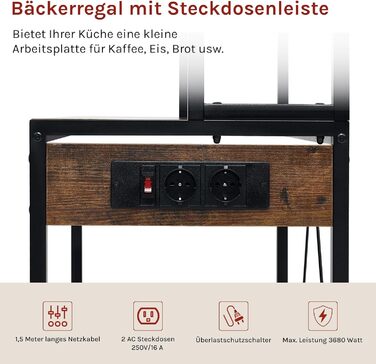 Кухонна полиця WOLTU з 6 ярусами, з розетками, мікрохвильова полиця з 6 гачками, полиця пекаря з металевим каркасом, регульовані полиці, Чорний+Рустикальне коричневий, 60 x 167 x 40 см