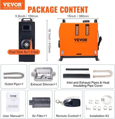 Автономний дизельний опалювач VEVOR 12V 5kW з LCD-дисплеєм та пультом дистанційного керування - дизельний опалювач повітряного типу