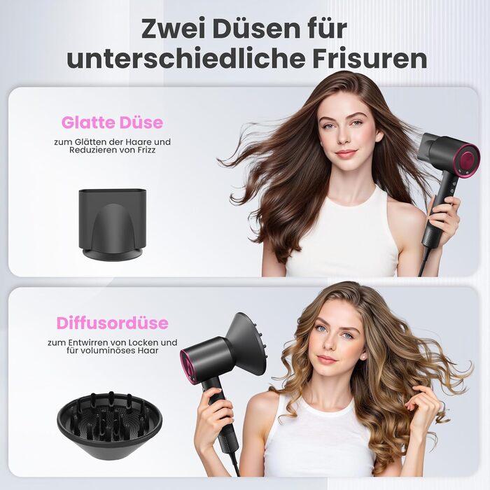 Професійний фен для волосся з високошвидкісним двигуном 160 000 об/хв, іонізацією (500 млн іонів), магнітною насадкою, 3 режими швидкості та 4 рівні температури, для дому, салонів та тварин