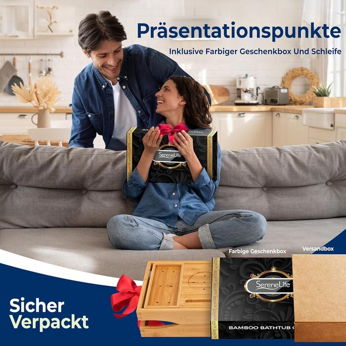 Сервірувальне піднос SereneLife 2-в-1 для ванни та ліжка – бамбуковий, складаний, регульований за розміром, вологостійкий, з жорсткою та м'якою задньою частиною, подарунковий набір