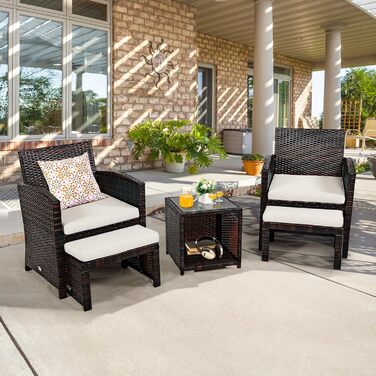 Садовий набір меблів GIANTEX 5 предметів ротанг: 2 крісла, 2 пуфи, столик - для балкона та саду з білими подушками