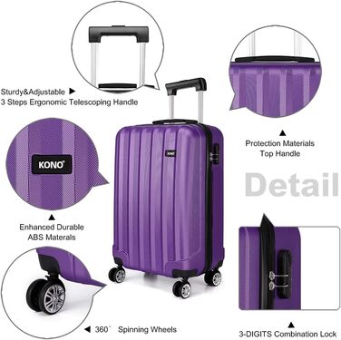 KONO Легкий ручний багаж, 55 x 35 x 20 см, жорсткий корпус, ABS, 4 колеса, ручна поклажа, валіза (фіолетовий)