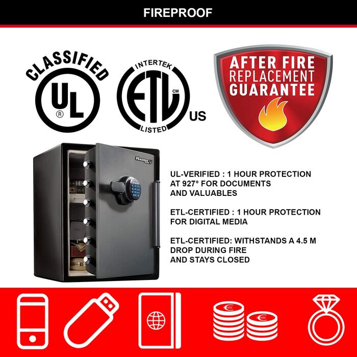 Сейф Master Lock вогнестійкий та водонепроникний з кодовим замком, трирівневий захист (пожежа, вода, перевезення), електронний код, 33.6 л, 45.3 x 41.5 x 49.1 см