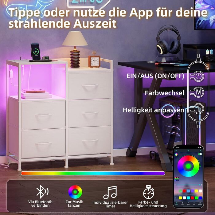 Комод з ящиками для спальні, вітальні, коридору Somdot з LED-підсвіткою та розетками (2 AC, 1 USB, 1 Type-C), 5 тканинних ящиків, білий, 29T x 66,5B x 70,5H см, штучна шкіра