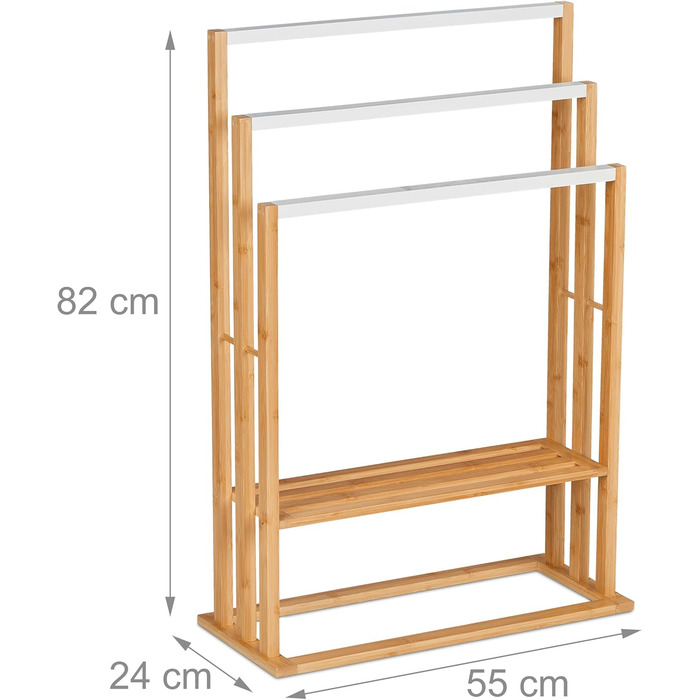 Вішалка для рушників Relaxdays, бамбук, 3 стовпи та полиця, 82x55x24 см, окремо стояча, натуральна/біла