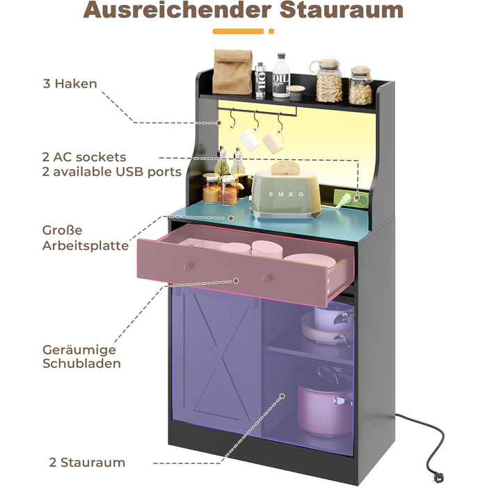 Чорний буфет-шафа з LED-підсвіткою, великою шухлядою та регульованими полицями для кухні, вітальні, їдальні