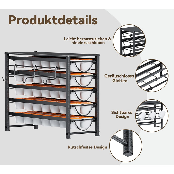 Тримач для капсул кави Dolce Gusto, органайзер для 70 капсул, 5-ярусний металевий ящик з тихими направляючими та антиковзними ніжками