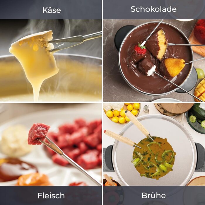 Електричний Фондю-набір KLAMER для 8 осіб з 8 виделок, регулювання температури, захист від бризок, посуд з алюмінію, екологічна обкладка з каучуку