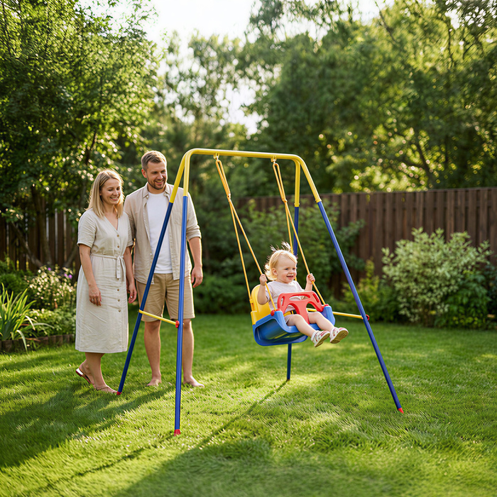 Складана рама для гойдалки з А-подібною основою, 2 гачки, 4 анкерні болти для фіксації на землі, призначена для дітей від 9 місяців до 8 років, розміром 128x155x157 см, блакитного кольору.