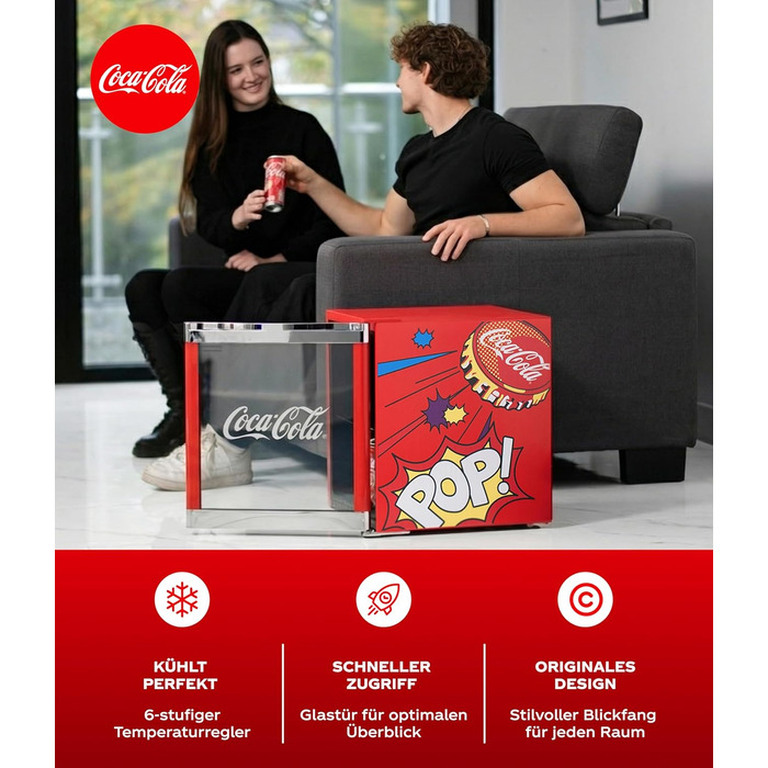 Міні-холодильник для напоїв °CUBES Original Coca-Cola PopArt червоний (48л) з glass-дверцяма, енергоефективний та безшумний — для офісу, геймінгу та вечірок