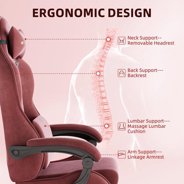 Ігровий крісло Ferghana Ergonomisch, комп'ютерне крісло з регульованою підголівником та поперековою подушкою, з підніжкою, для геймерів (червоний)