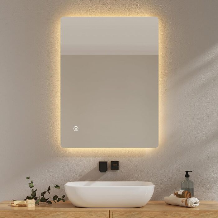 Дзеркало для ванної кімнати EMKE з підсвічуванням 40x60 см, антизапар, 2 кольори світла (тепле/холодне), вимикач-клавіша, IP44, енергозберігаюче, захищене від вибуху