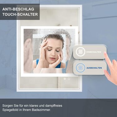 Дзеркало для ванної кімнати Puchika з підсвічуванням LED, 50x70 см, настінне, регульоване, тепле/холодне/нейтральне світло 3000-6400K, IP44, сенсорне керування, антизапар, годинник