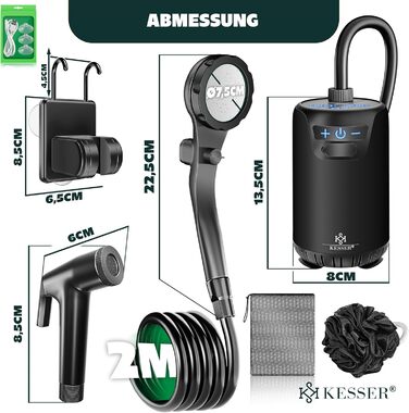 Соняшний душ KESSER® з насосом та акумулятором 8000mAh. Комплект для кемпінгу: регульована лійка, шланг 2м, пістолет-пульверизатор, кріплення. Без бака (Чорний/Чорний)