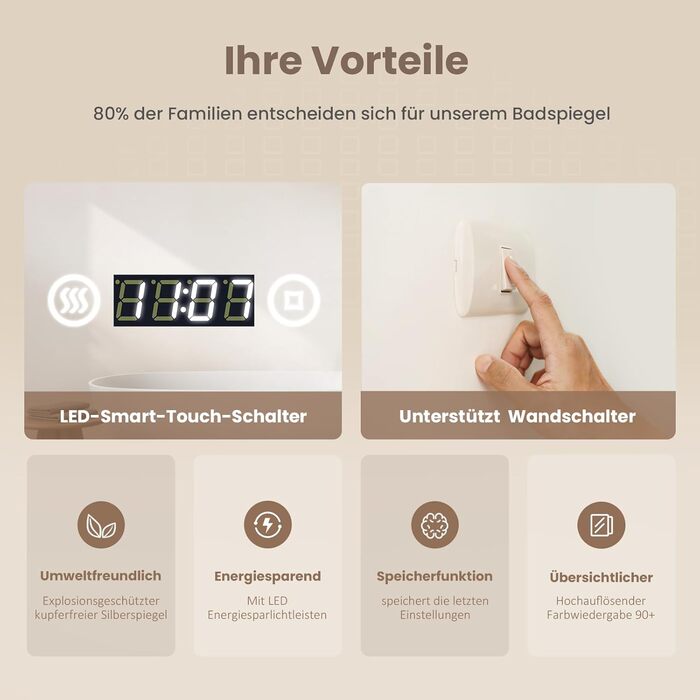 Дзеркало для ванної кімнати EMKE LED 90x70 см з підсвічуванням, годинником та захистом від запотівання, IP44