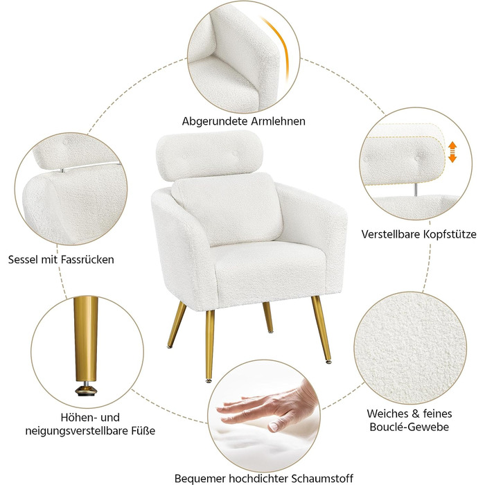 Крісло Yaheetech з тканини букле, м'яке, з регульованою підголівником, для вітальні/офісу, біле