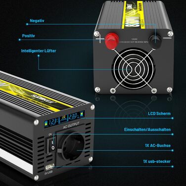 Перетворювач напруги SUDOKEJI 1500 Вт/3000 Вт інвертор з чистою синусоїдою від 12 В до 230 В розетки ЄС з РК-екраном і пультом дистанційного керування, порт USB для автомобілів, вантажівок, кемпінгу, аварійної побутової техніки (800 Вт 12 В)