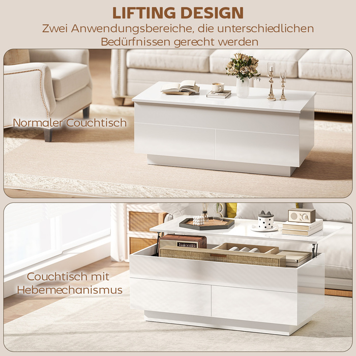 Журнальний столик з регульованою висотою, сучасний столик для вітальні з прихованою системою зберігання та 2 висувними ящиками, глянцевий білий