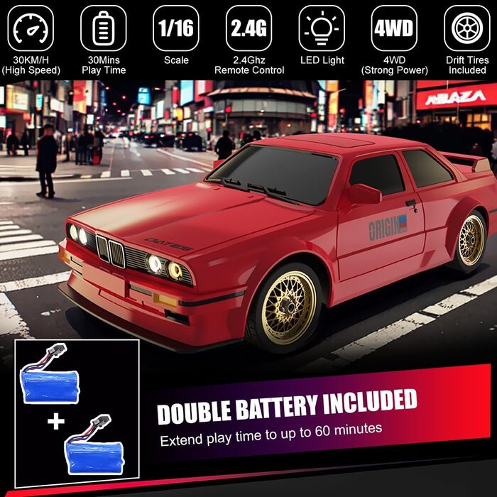 RC Автомобіль для дівчаток 1:16, Дрифт-кар зі світлодіодами 2.4GHz 4WD, Швидкість 30км/год, RTR, 2 акумулятори та дрифт-шини