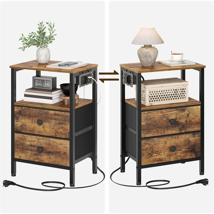 Нічний столик з підзарядкою, тумбочка з 2 шухлядами, приліжний столик з USB-портами та полицями, для вітальні, спальні, вінтажний коричневий та чорний XET02CBRY1