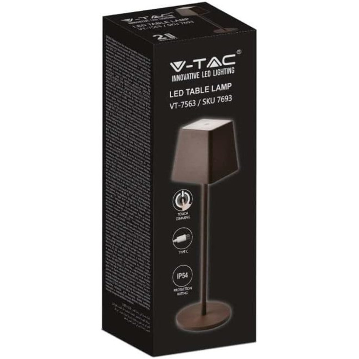 LED настільна лампа V-TAC з бездротовим живленням, сенсорне керування, акумулятор 4400 mAh, тепле світло 3000K, IP54, коричневий колір, для дому та вулиці