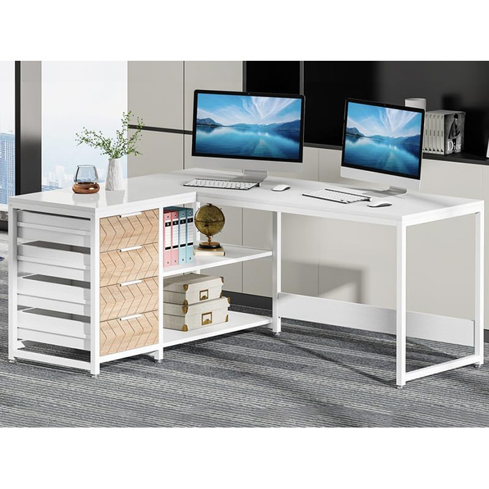 Кутовий стіл Tribesigns L-подібний з 4 висувними ящиками, 2 полицями, для офісу, кабінету, вітальні, 150x110x75 см (горіх & білий)