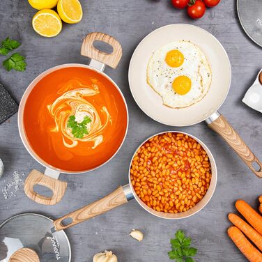 Набір каструль та сковорідок з антипригарним покриттям Nuovva - 8 шт. з кришками, кремовий граніт, для індукційних плит