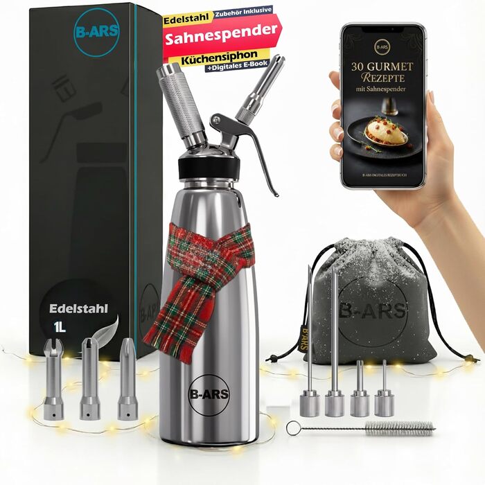 Дозатор для збитої вершкової пінки B-ARS з нержавіючої сталі 1л з аксесуарами: насадки для декорування, голка для інжекцій, щітка для чищення, сумка для зберігання та електронна книга з рецептами