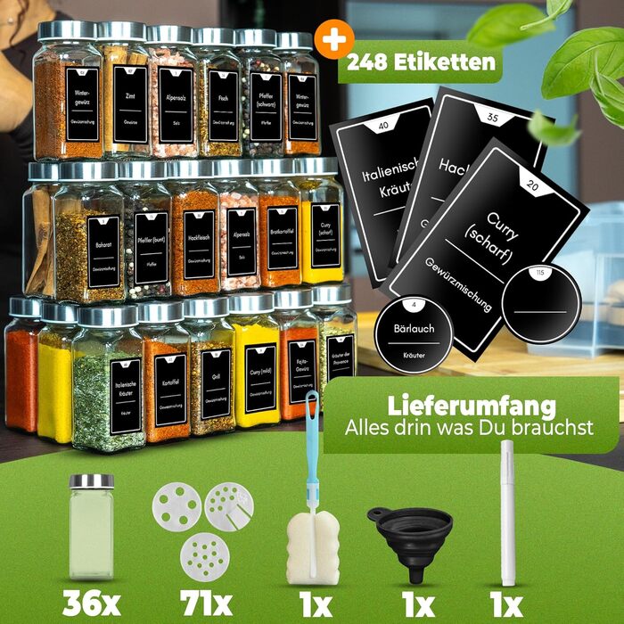 Набір банок для спецій 36 шт. з місткістю 125 мл, кутові, з мірною ложкою та вологостійкими етикетками, органайзер для спецій, нержавіюча сталь