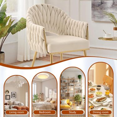 Набір з 2 обідніх стільців Samt, крісла для вітальні, стільці для кухні з підлокітниками, стільці для макіяжу з золотими ніжками, стільці для балкону білого кольору