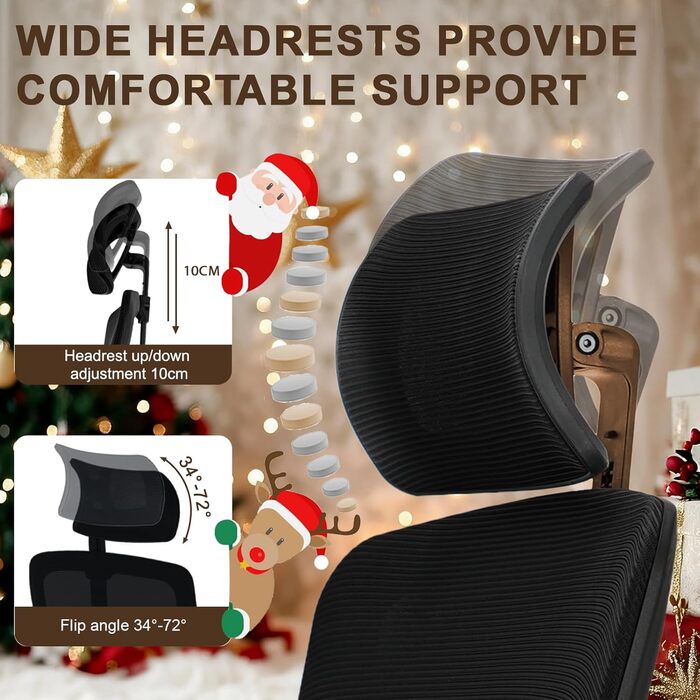 Ергономічне офісне крісло з підголівником та поперековою підтримкою, поворотне, з регульованими підлокітниками, чорне, для дому та офісу