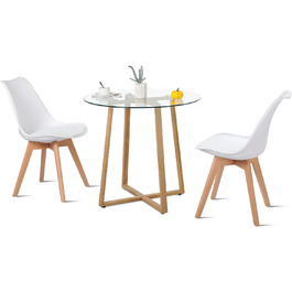 Обідній стіл HJ WeDo з 2 стільцями, круглий скляний стіл у скандинавському стилі, білий, для балкону, вітальні та їдальні